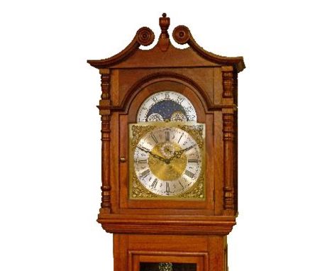 Reproduction mahogany longcase clock, the gilt and silvered dial with moonphase, Roman and Arabic numerals and subsidiary sec