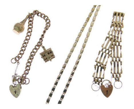 9ct gold gate link bracelet having heart shaped clasp, a flat link chain the clasp stamped 375 and a 9ct gold charm bracelet 