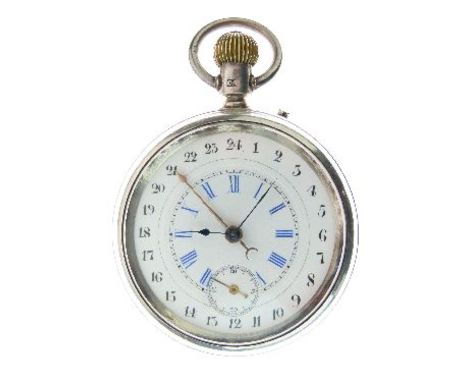 Gentleman's silver cased top wind pocket watch with engine turned back and white enamel dial having subsidiary seconds dial w
