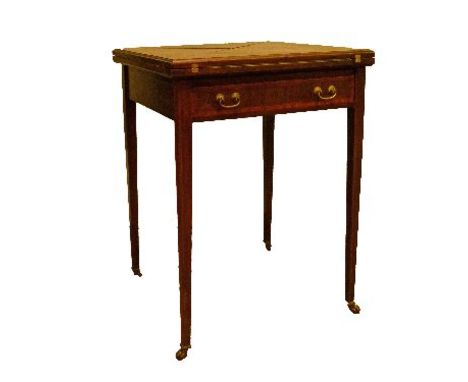 Edwardian string inlaid and crossbanded mahogany envelope card table standing on tapered square supports   Condition: 