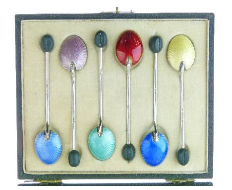 Set of six George V silver and polychrome enamel coffee bean spoons, Birmingham 1935, cased   Condition: 