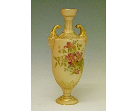 Royal Worcester baluster shaped vase having floral decoration on a blush ground, base with printed marks, shape number 1759 a