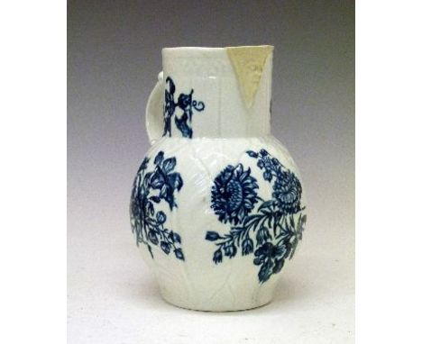18th Century Worcester blue and white printed leaf moulded jug decorated with floral sprays   Condition: 