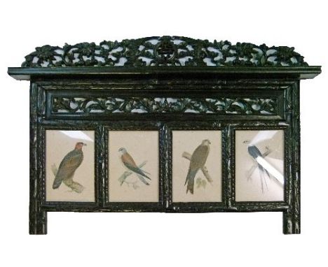 Late 19th Century Chinese carved hardwood picture frame having prunus and scroll decoration and containing four coloured prin