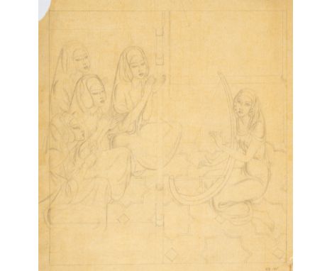 Dulac (Edmund) Original illustration with lady playing the harp to four seated women wearing headdresses, possibly for 'Stori