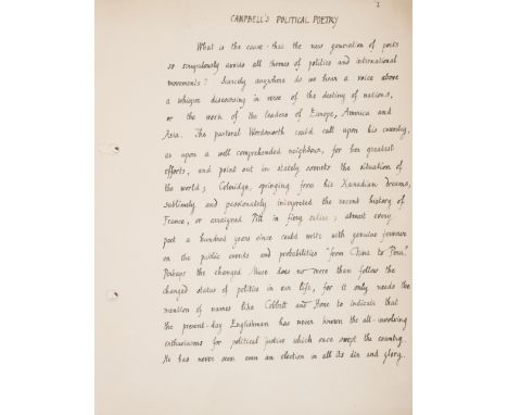 Blunden (Edmund) Campbell's Political Poetry, original holograph manuscript, 7pp., recto only, a few corrections, hole-punche