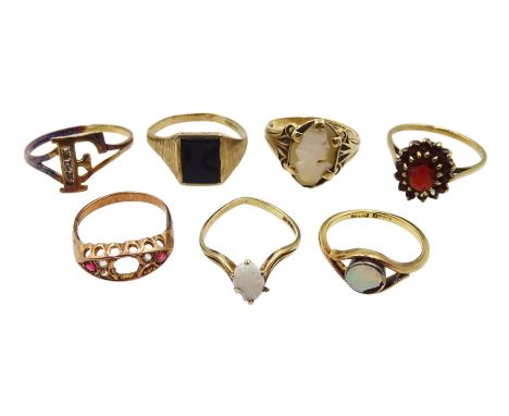 Six 9ct gold stone set rings and an 18ct gold opal ring, hallmarked, stamped or tested - Condition Report 9ct approx 12.36gm,