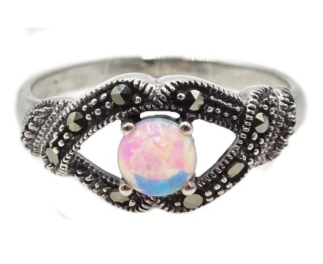 Silver opal and marcasite ring - Condition Report Tested to silver, size Q-R