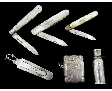 Silver vesta case by Joseph Gloster Ltd, Birmingham 1910, scent bottle with glass stopper makers mark S C B, Birmingham 1906,