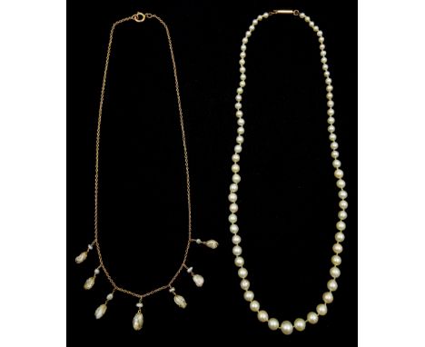 Single stand graduating pearl necklace, with gold barrel clasp  and a 9ct gold pearl fringe necklace - Condition Report Singl