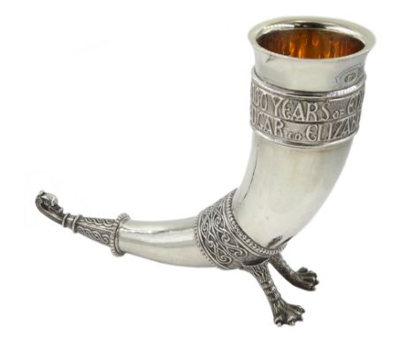 Silver commemorative Saxon drinking horn, the cornucopia inscribed in Celtic text with '1000 Years Of English Monarchy, Edgar