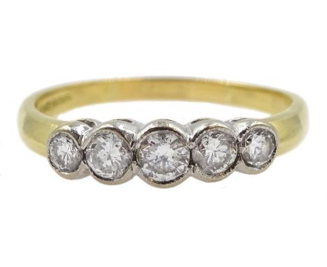 18ct gold five stone diamond ring, bezel set, London 1995 - Condition Report Approx 3.2gm, size R, head length = 17mm 