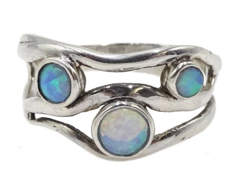 Silver three stone opal set ring, stamped 925 - Condition Report Size Q-R