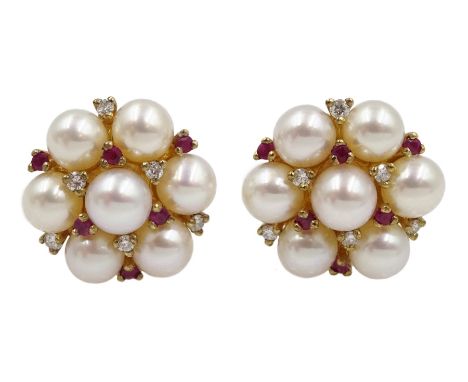 Pair of gold pearl, ruby and diamond cluster stud earrings, hallmarked 9ct - Condition Report Approx 8.9gm, head diameter = 1