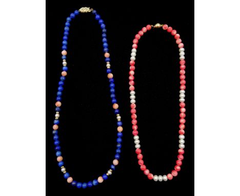 Lapis lazuli, coral and pearl necklace, with 14ct gold clasp and a coral and pearl necklace, with 9ct gold clasp, both stampe