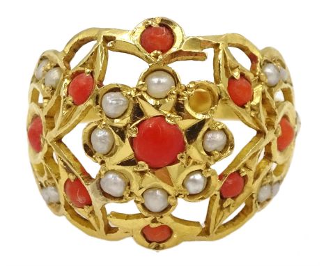 22ct gold coral and pearl open work design ring - Condition Report Tested to 22ct, approx 3.5gm, size J-K