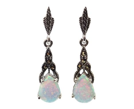 Pair of opal and marcasite pendant earrings, stamped 925 - Condition Report 