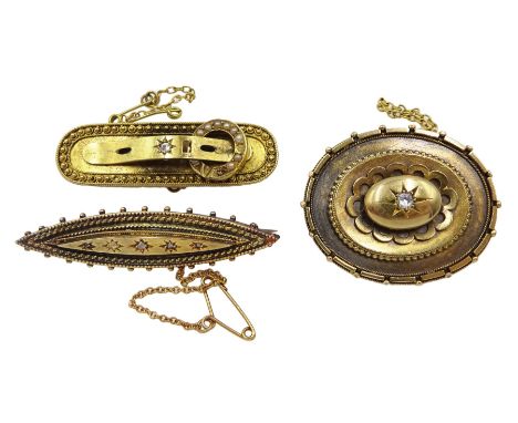 Victorian 15ct gold diamond and seed pearl buckle brooch Birmingham 1896 and two other Victorian 15ct gold diamond set brooch
