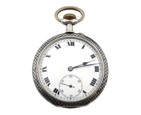 Swiss niello chequered silver pocket watch, top wind inner dust cover stamped K &amp; M 800, hallmarked  - Condition Report G