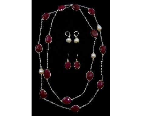 Faceted ruby and pearl necklace and two pairs of similar earrings, one pair stamped 925 - Condition Report Necklace length = 
