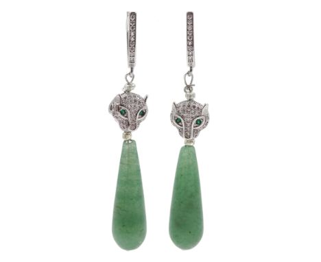 Pair of jade panther design pendant earrings, with silver hooks, stamped 925 - Condition Report 