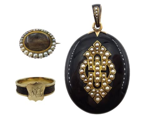 Victorian black enamel mourning pendant, with gold mounted seed pearl decoration, gold mourning ring, with plated hair shank 