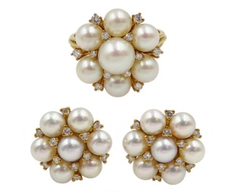 Pair of gold pearl and diamond stud earrings and matching ring, all hallmarked 18ct  - Condition Report Approx 17.2gm gross, 