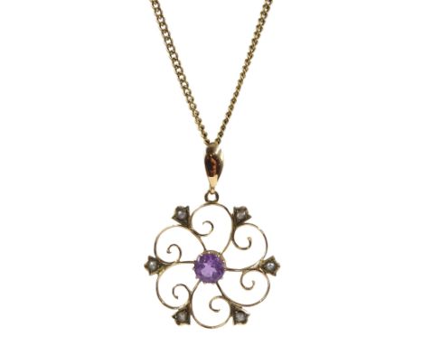 Edwardian gold amethyst and seed pearl pendant, stamped 9ct, on gold chain hallmarked 9ct - Condition Report Approx 4.3gm, pe