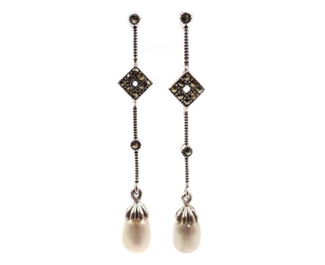 Pair of silver pearl and marcasite pendant earrings, stamped 925 - Condition Report 