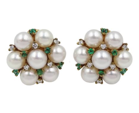 Pair of gold pearl, emerald and diamond cluster stud earrings, hallmarked 9ct  - Condition Report Approx 8.9gm, head diameter