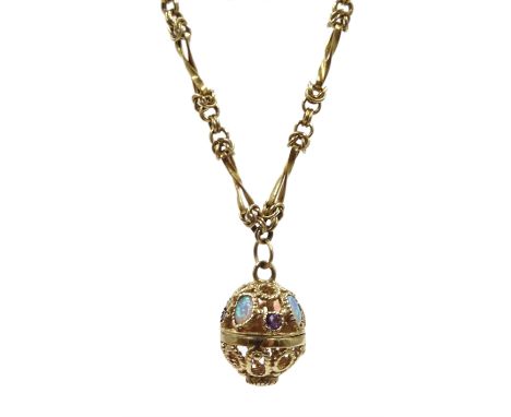 Gold opal and amethyst open work ball pendant, hallmarked 9ct on gold link chain necklace, stamped 375 - Condition Report App