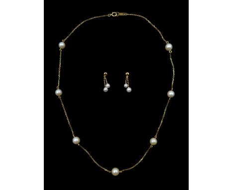 Gold pearl necklace and a pair of gold pearl pendant earrings, both 18ct stamped - Condition Report Approx 5.2gm, necklace le
