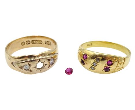 Early 20th century seven stone ruby and diamond ring, stamped 18ct and a Victorian 9ct gold three stone ruby and diamond gyps