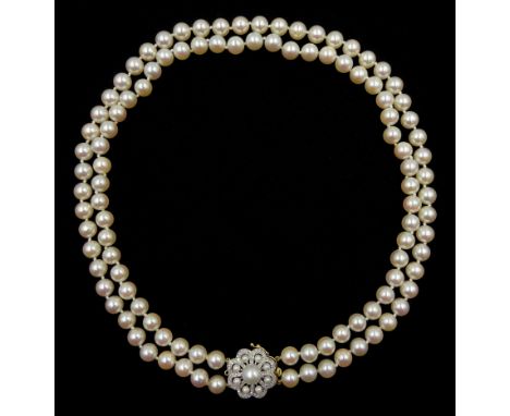 Double strand cultured pearl necklace, with 18ct gold diamond and pearl set clasp hallmarked - Condition Report 