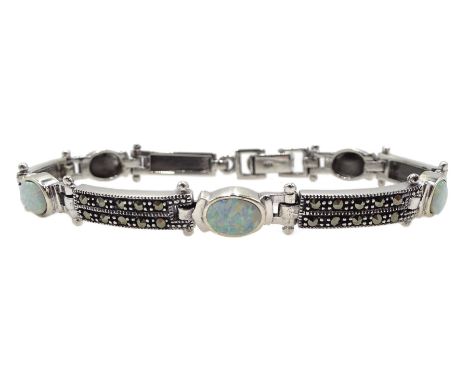 Silver opal and marcasite link bracelet, stamped 925 - Condition Report 