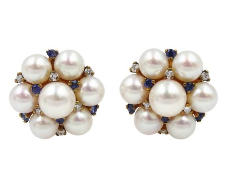 Pair of gold pearl, sapphire and diamond cluster stud earrings, hallmarked 9ct - Condition Report Approx 9.3gm, head diameter