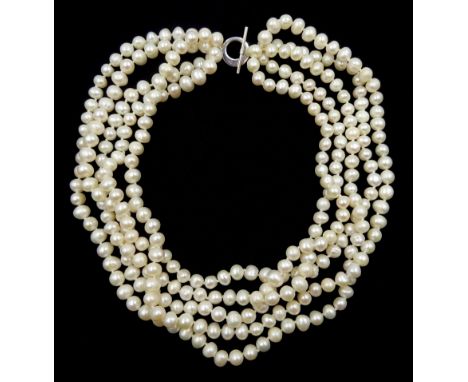 Five strand cultured pearl necklace, with silver clasp stamped 925 - Condition Report 