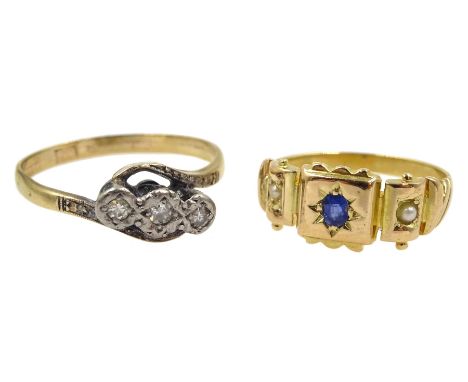 Edwardian 18ct gold sapphire and pearl gypsy ring and a 9ct gold three stone diamond ring - Condition Report Both tested 18ct