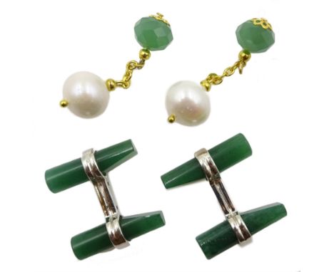 Pair of silver jade cufflinks and pair of gilt pearl and faceted jade cufflinks (2) - Condition Report 
