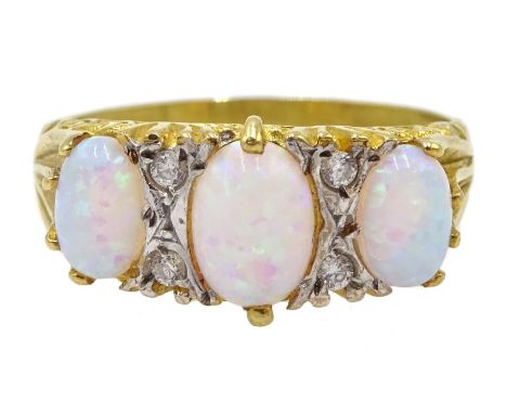 Silver-gilt three stone opal and cubic zirconia ring, stamped Sil - Condition Report Size O