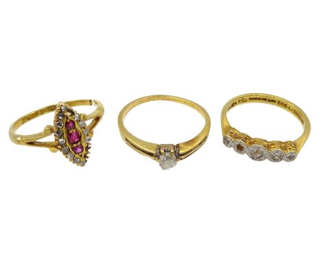 Victorian gold diamond and ruby marquise shaped ring, Chester 1897, single stone old cut diamond ring and a five stone diamon