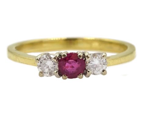  18ct gold ruby and diamond three stone ring, London 1989 - Condition Report Approx 2.8gm, size Q, head length = 10mm