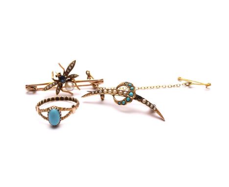 A sapphire, ruby and seed pearl set insect set bar brooch, not stamped, together with a 9ct gold turquoise and split seed pea