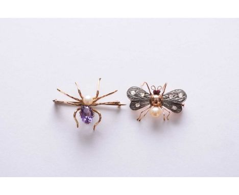 A diamond, ruby and cultured pearl insect brooch, not stamped, together with an amethyst and single cultured pearl set spider