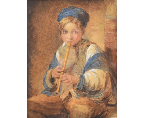 Attributed to William Henry Hunt (1790 - 1864) Boy Playing Recorder, watercolour, 31 x 24 cm, frame 57 x 47 cmProvenance: Col