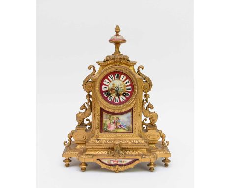 A French gilt metal and porcelain mantel clock, circa 1900, of architectural form and inset with Sevres-style porcelain dial 