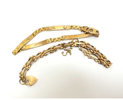 A 9ct gold bracelet, with stylised rivit links, together with a 9ct gold gate link bracelet, total weight approx 12.2g (2)