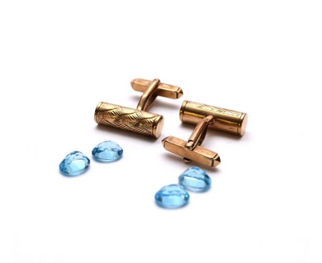 A pair of 9ct gold cufflinks, each of barrel form with bright cut engraved decoration, weight approx 8.2g, together with four