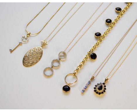 A 9ct gold black faceted stone set bracelet, together with a 9ct gold oval pendant on chain, a 9ct yellow and white gold neck