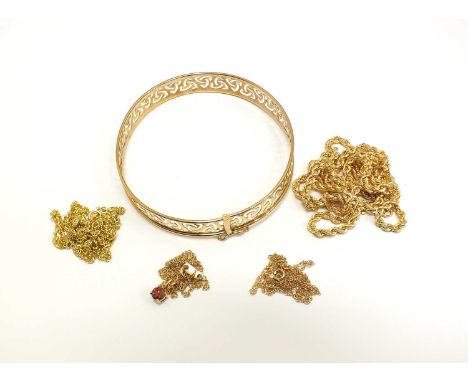 An 18ct yellow gold rope twist necklace, weight approx 5.8g, together with three 14ct gold necklaces, one suspending red ston
